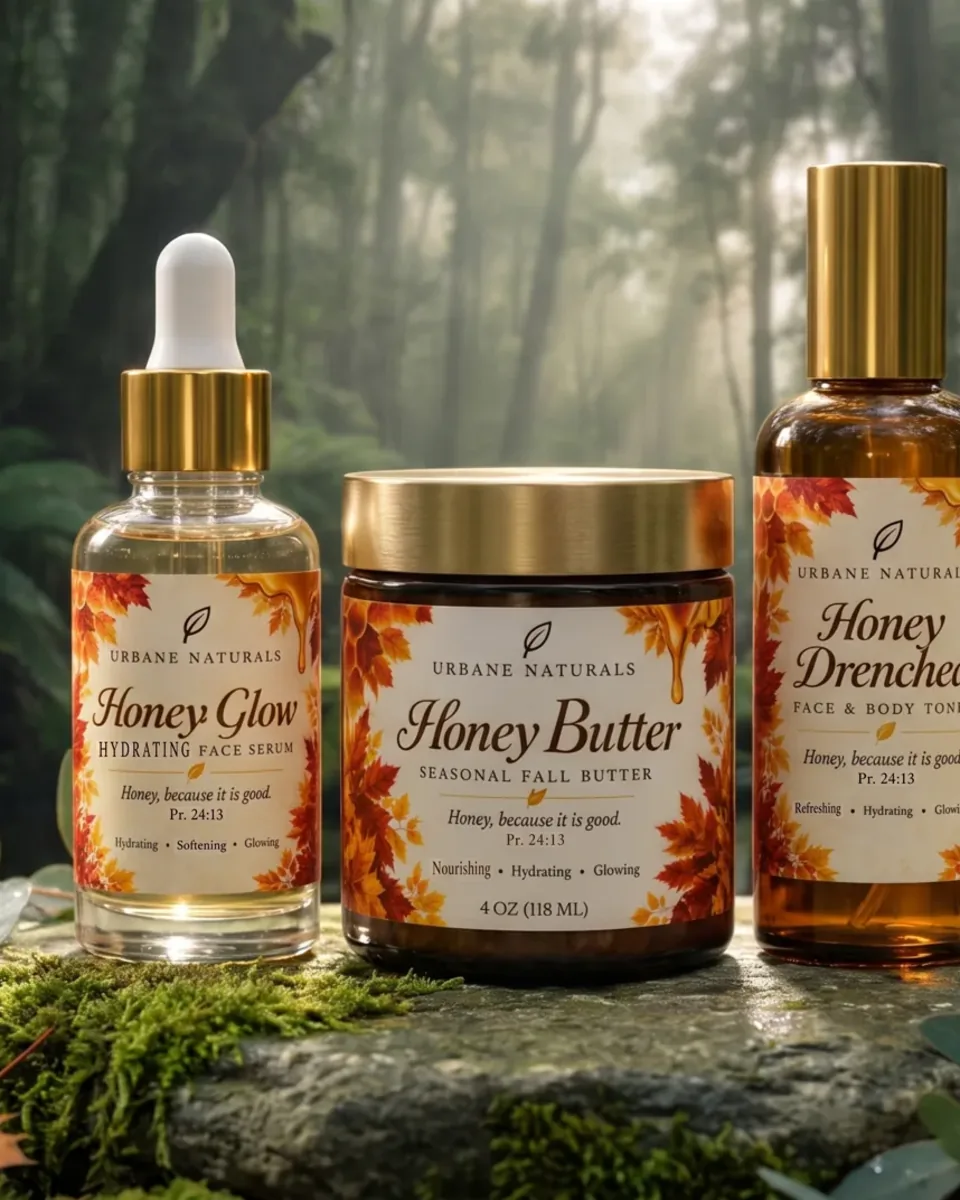 Honey Glow serum, Honey Butter and Honey Drenched toner on a mossy stone in the rainforest