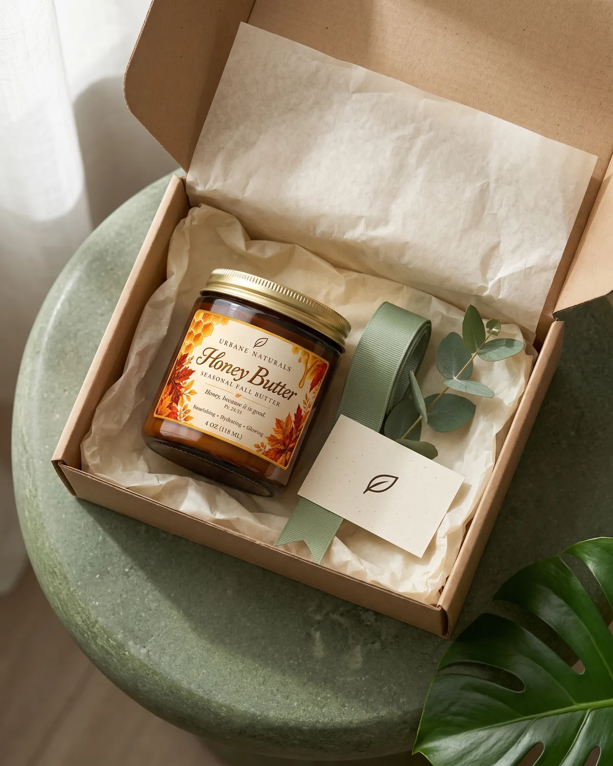 An open kraft box lined with cream tissue holding an amber glass jar of Honey Butter, a sage green ribbon, a sprig of eucalyptus and a small card