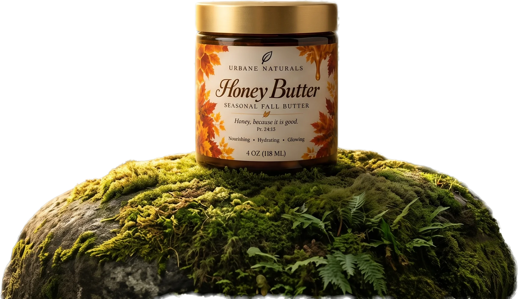 Honey Butter on a mossy rock in front of a rainforest waterfall