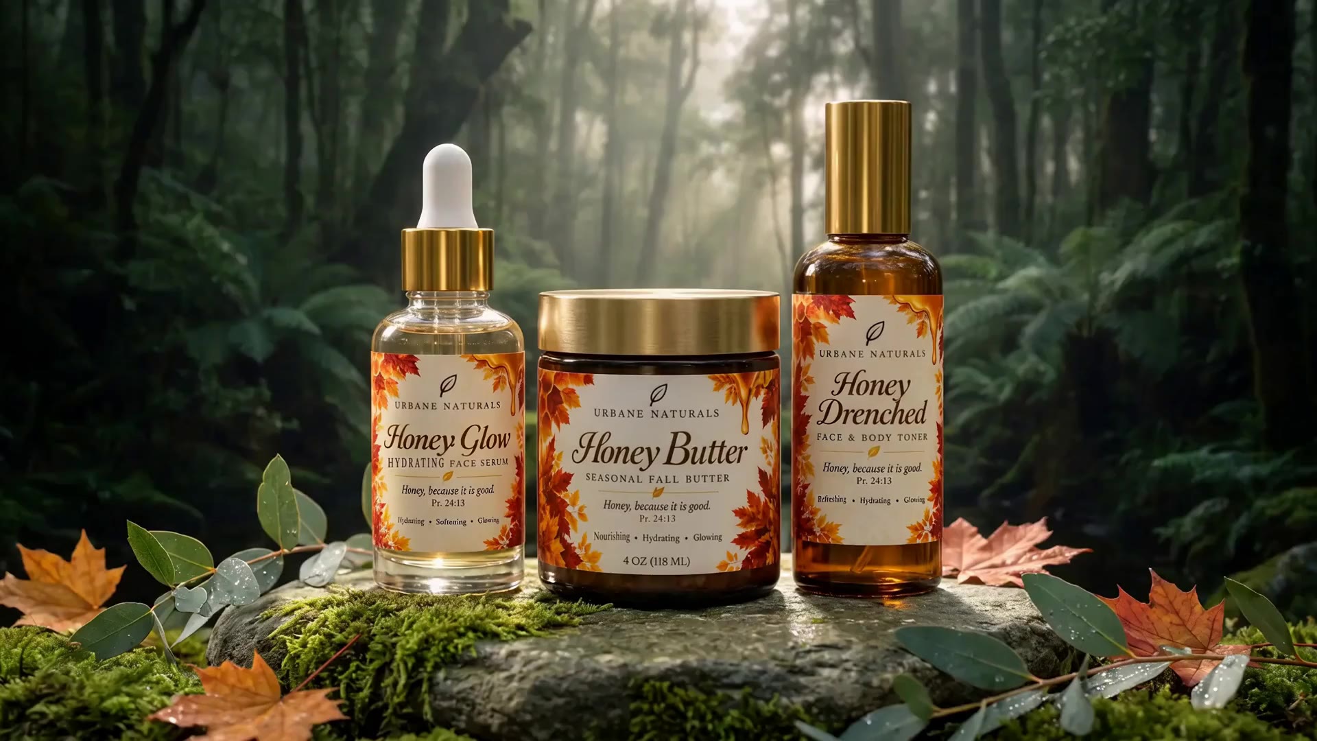 Honey Glow serum, Honey Butter and Honey Drenched toner side by side on a mossy stone in the rainforest